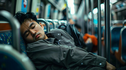 Wall Mural - Tired employee sleeping on the subway. The concept of overwork and lack of time