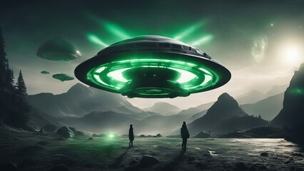 Wall Mural - ufo in space _A sci-fi space scene with a black and gray UFO vector and a green light beam.  