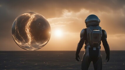 Wall Mural - alien in space _a cosmic traveler in a futuristic outfit flies near a massive orb that is made of me