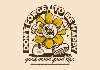 Sticker - Don't forget to be happy. Walking sun flower character in vintage retro style