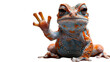 Exotic frog with textured skin and vivid colors, positioned as though raising its hand against a white background