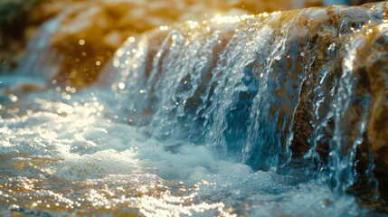 Poster - Texture of icy water flowing down a cascading waterfall creating intricate patterns and shapes on the smooth rocks.