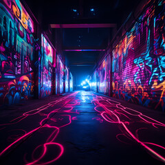 Canvas Print - Abstract patterns created by neon lights in a dark alley.