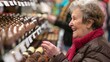 An older woman sampling gourmet chocolates with delight at a specialty market