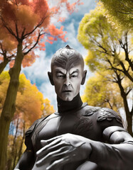 Poster - A gray alien standing in front of res and yellow trees