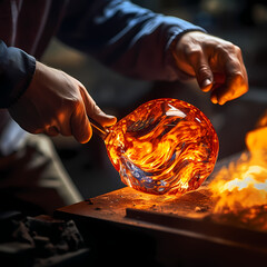 Wall Mural - Close-up of a glassblower shaping molten glass.