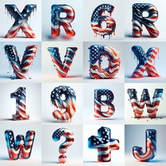 glass letters in color USA flag 3D Lettering Typeface. AI generated illustration