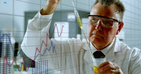 Canvas Print - Animation of financial data processing over caucasian male scientist in laboratory