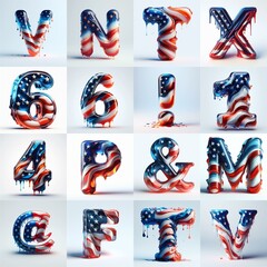 Wall Mural - glass letters in color USA flag 3D Lettering Typeface. AI generated illustration