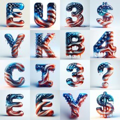 Wall Mural - glass letters in color USA flag 3D Lettering Typeface. AI generated illustration