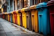 Capture an image of a row of colorful recycle bins on the street, emphasizing the concept of garbage separationThe photo should have a selective focus and be taken in a public park or city setting.
