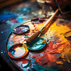 Wall Mural - Close-up of a painters palette and brushes. 