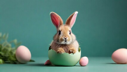 Easter bunny hatching from green Easter egg on green background