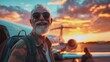 Senior man smiling as he boards a plane for a solo travel adventure to exotic destinations with a vibrant sunset sky background