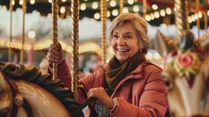 Wall Mural - A senior woman smiling and enjoying a carousel ride on a beautifully decorated horse