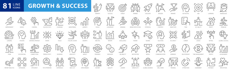 Growth and success line icons collection. Big UI icon set in a flat design. Thin outline icons pack. Vector illustration EPS10