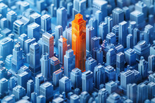Vertical Isometric Blue City Illustration With Orange Building In The Center Which Stand Out From The Rest Of The Modern City