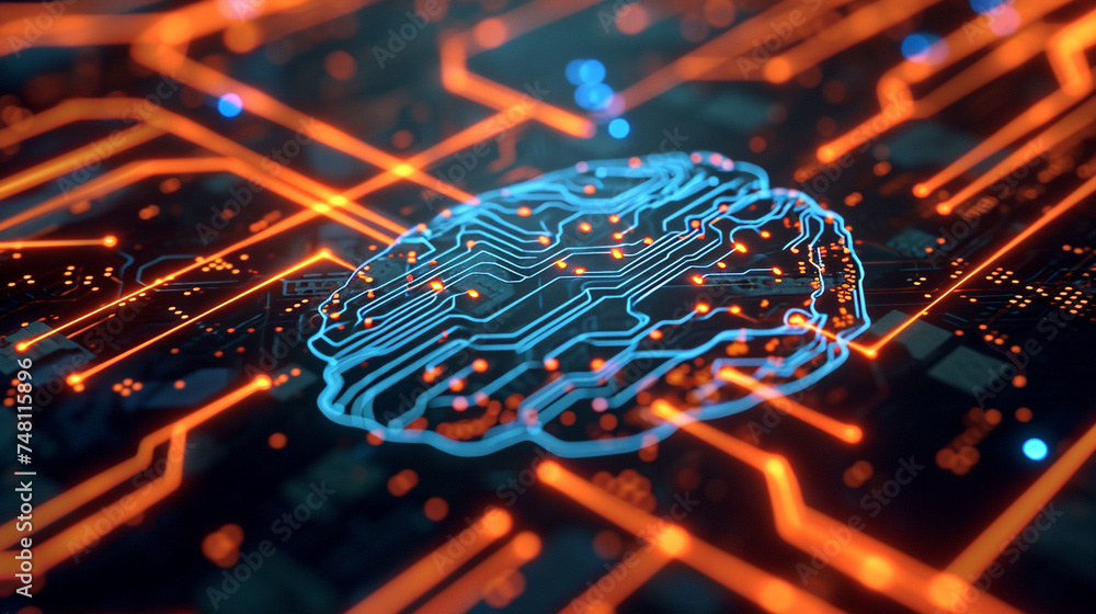 Glow light brain on circuit PCB board, represent AI concept show ...