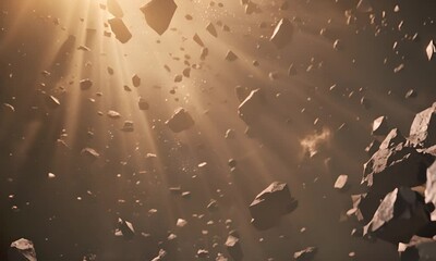 Wall Mural - asteroid shower in space. light pierces through a cloud of asteroids in space. the concept of the po