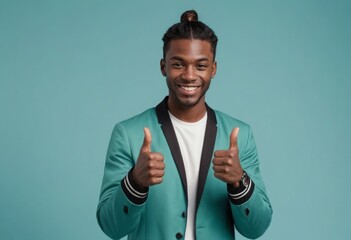 Wall Mural - A joyful man gives double thumbs up against a teal background. His hairstyle and outfit express a modern, casual look.