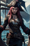 Beautiful ancient pirate girl on war ship