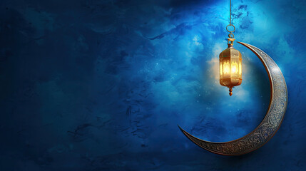 Wall Mural - crescent moon with lantern hanging on the blue background. ramadan kareem holiday celebration concept. eid mubarak greeting card