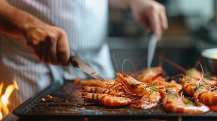 Poster - Sensational Seafood: Chef Artfully Grilling Shrimps in a Commercial Kitchen, Promising Delectable Delights for Diners Eager to Savor Fresh Culinary Creations.