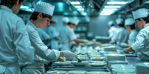 Portrait of a cook in a restaurant kitchen engaged in cooking culinary masterp