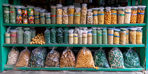 Wall Mural - Shelf with a variety of types of rice, noodles and sauces in an Asian store offering products