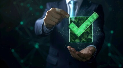 Green check mark for compliance, certification or audit concept with a business man holding a digital hologram of green compliance tick symbol