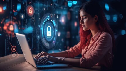 Woman using a laptops computer show a Privacy Lock icon on virtual screen interfaces