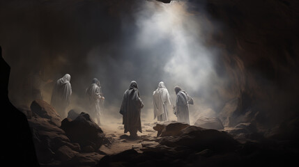 Fototapeta easter morning, a group of curious explorers ventures into a secluded cave, drawn by rumors of a bloodstained white shroud hidden within. timeless story of jesus' triumph over death.