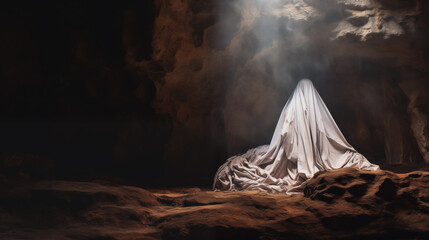 Fototapeta rests a bloodstained white shroud. as easter dawns, the cave becomes a focal point of intrigue and wonder. what role does this shroud play in the miraculous events of jesus' resurrection