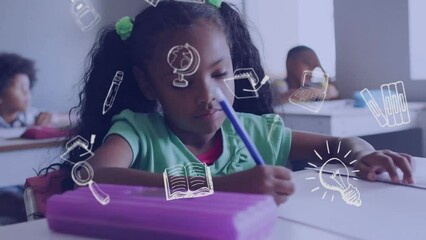 Sticker - Animation of school items icons over focused diverse students in classroom