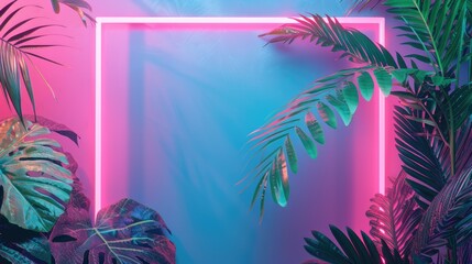 Mystical fantasy wild neon jungle background. fFat lay with leaves in vibrant gradient holographic neon colors. Ai-generated.