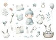 © ku4erashka - Set of cute watercolor baby shower cards clipart for invitation card, poster.