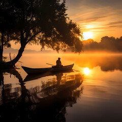 Sticker - A fisherman on a tranquil lake at sunrise.