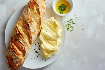 Wall Mural - Ciabatta bread with organic butter on table for breakfast