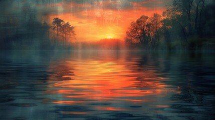 Wall Mural - texture of a sunset reflected in a river blending warm and cool tones to create a serene and fluid i