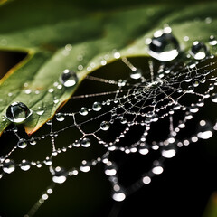 Poster - Macro shot of water droplets on a spider web.