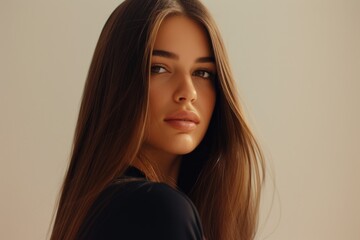 Wall Mural - Gorgeous model with sleek long brown hair Keratin treatment for smooth cared hairstyle at the spa