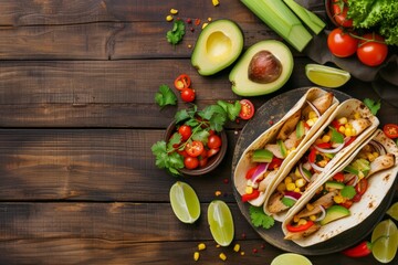Wall Mural - Grilled Mexican chicken with avocado tomatoes and limes served in vegetable and corn tacos