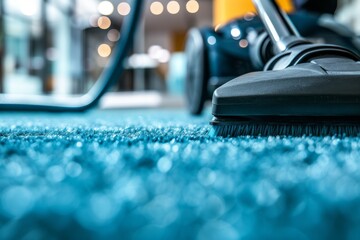 Wall Mural - Janitor vacuuming blue carpet in close up