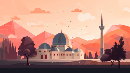 Wall Mural - Illustration of a beautiful mosque painting in a very calm and calming place