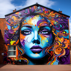 Poster - Vibrant street art on a brick wall.