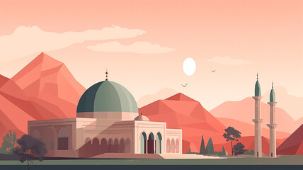 Wall Mural - Illustration of a beautiful mosque painting in a very calm and calming place