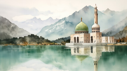 Wall Mural - Illustration of a beautiful mosque painting in a very calm and calming place