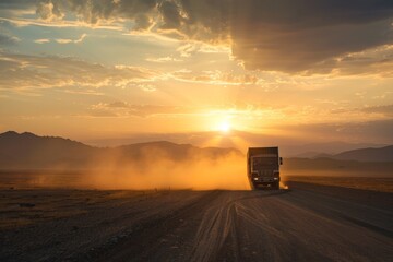 Wall Mural - Truck transporting cargo at sunset