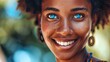 Portrait of happy African American woman with blue eyes smiling, showcasing beauty, diversity, and the captivating gaze of individuality
