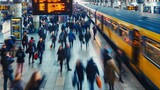 Fototapeta Krajobraz - Blurry image capturing the hustle of a diverse crowd at multiple transit locations, conveying movement and urban life.